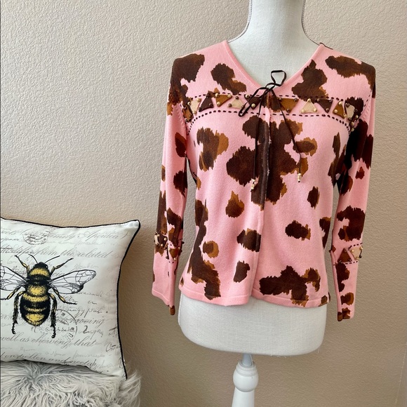 christine rotelli pink cardigan cow print medium - Picture 1 of 7